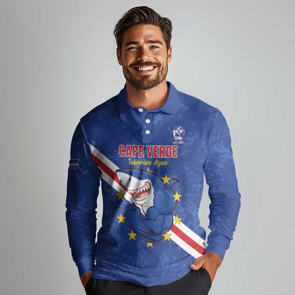 Custom Cape Verde Football Long Sleeve Polo Shirt Go Blue Sharks