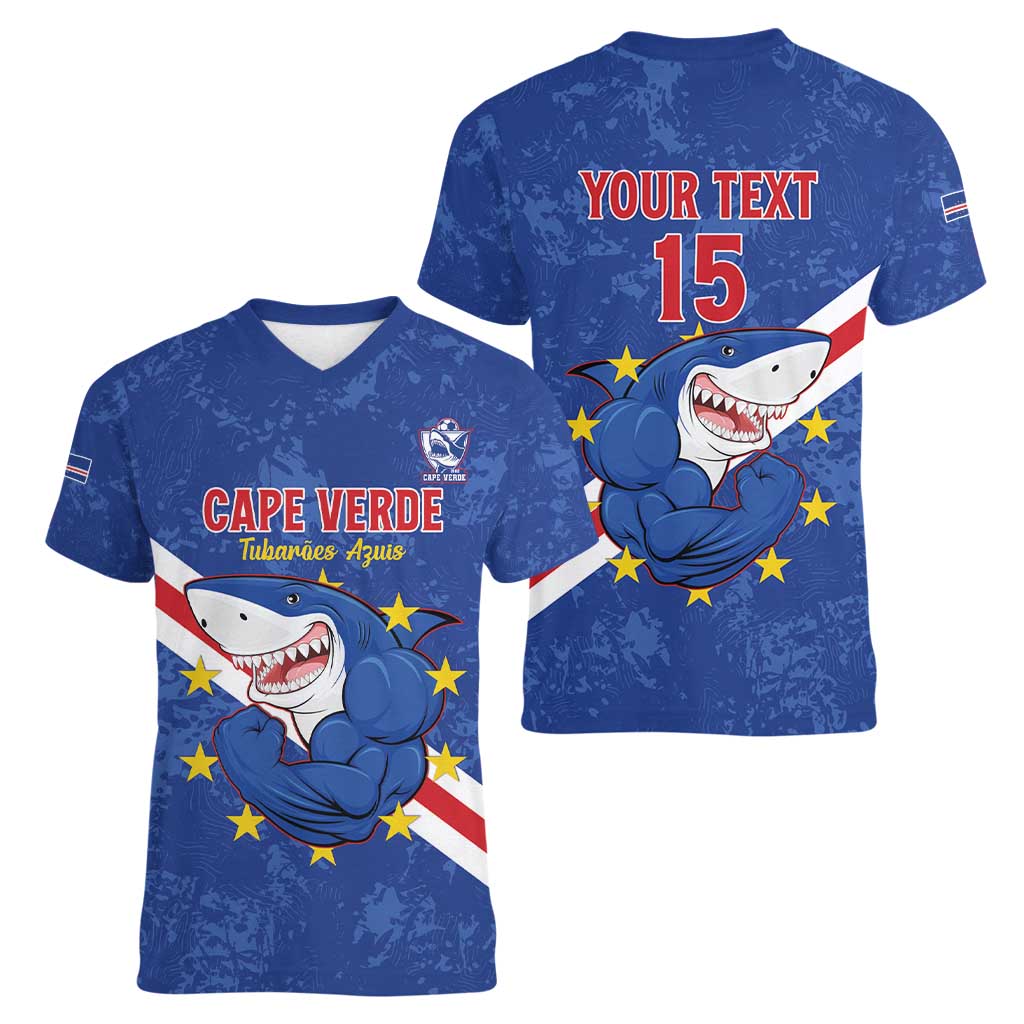 Custom Cape Verde Football Women V-Neck T-Shirt Go Blue Sharks