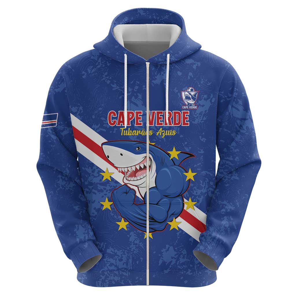 Custom Cape Verde Football Zip Hoodie Go Blue Sharks