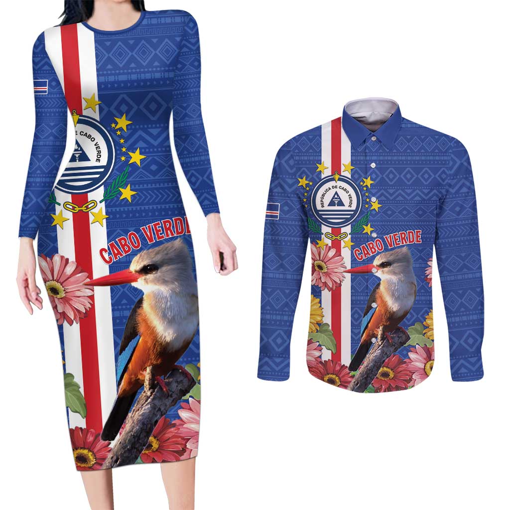 Personalised Cape Verde Couples Matching Long Sleeve Bodycon Dress and Long Sleeve Button Shirt Grey-Headed Kingfisher Mix Gerbera Daisy