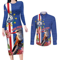 Personalised Cape Verde Couples Matching Long Sleeve Bodycon Dress and Long Sleeve Button Shirt Grey-Headed Kingfisher Mix Gerbera Daisy