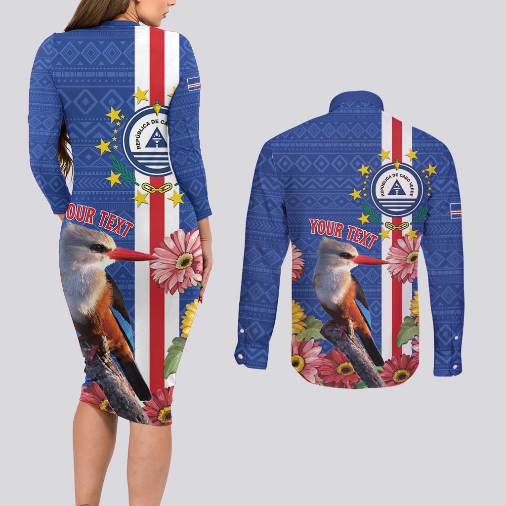 Personalised Cape Verde Couples Matching Long Sleeve Bodycon Dress and Long Sleeve Button Shirt Grey-Headed Kingfisher Mix Gerbera Daisy
