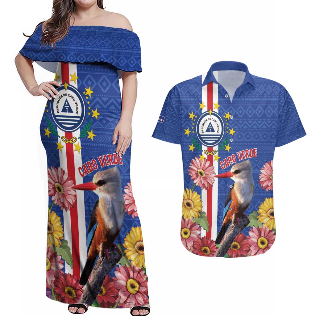 Personalised Cape Verde Couples Matching Off Shoulder Maxi Dress and Hawaiian Shirt Grey-Headed Kingfisher Mix Gerbera Daisy