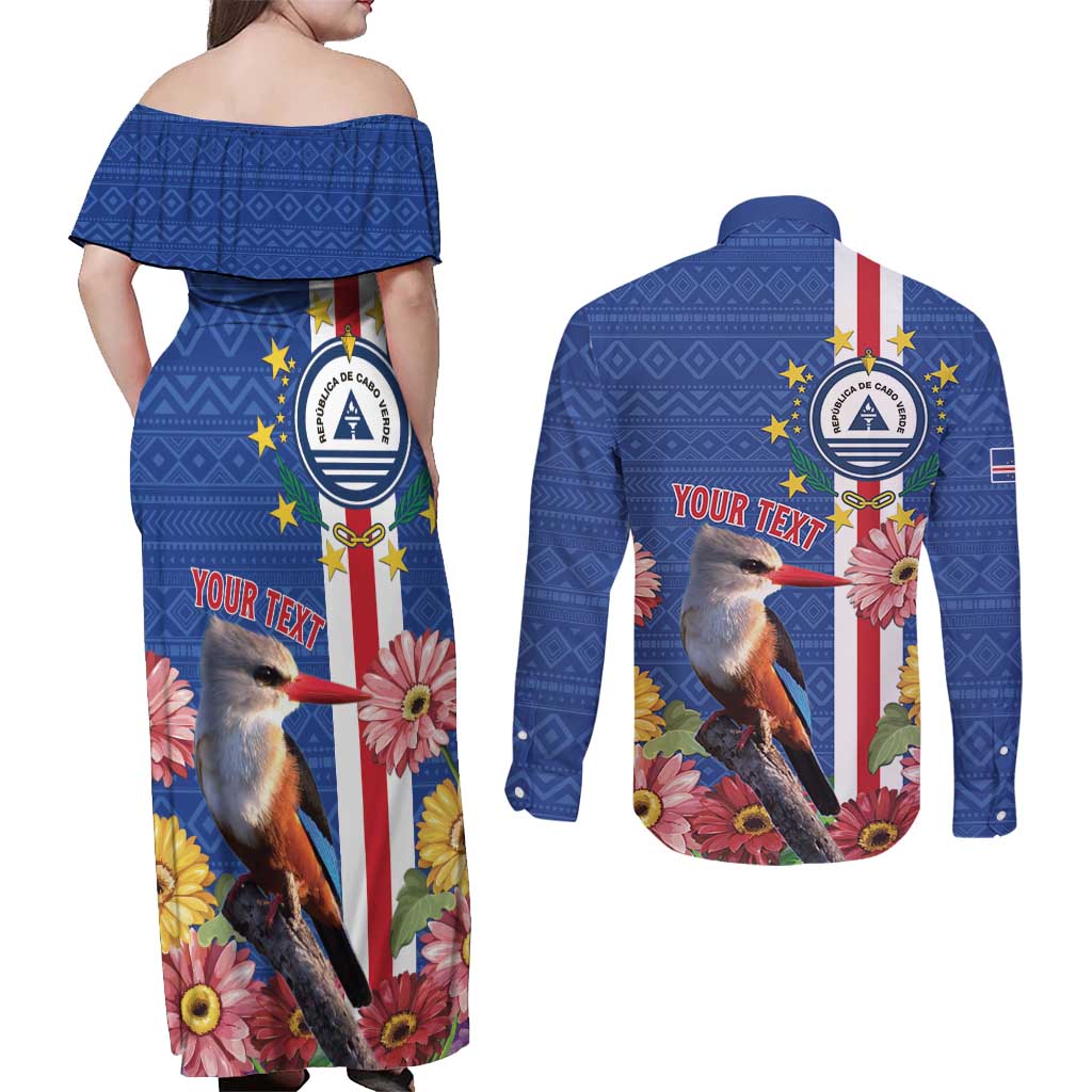 Personalised Cape Verde Couples Matching Off Shoulder Maxi Dress and Long Sleeve Button Shirt Grey-Headed Kingfisher Mix Gerbera Daisy