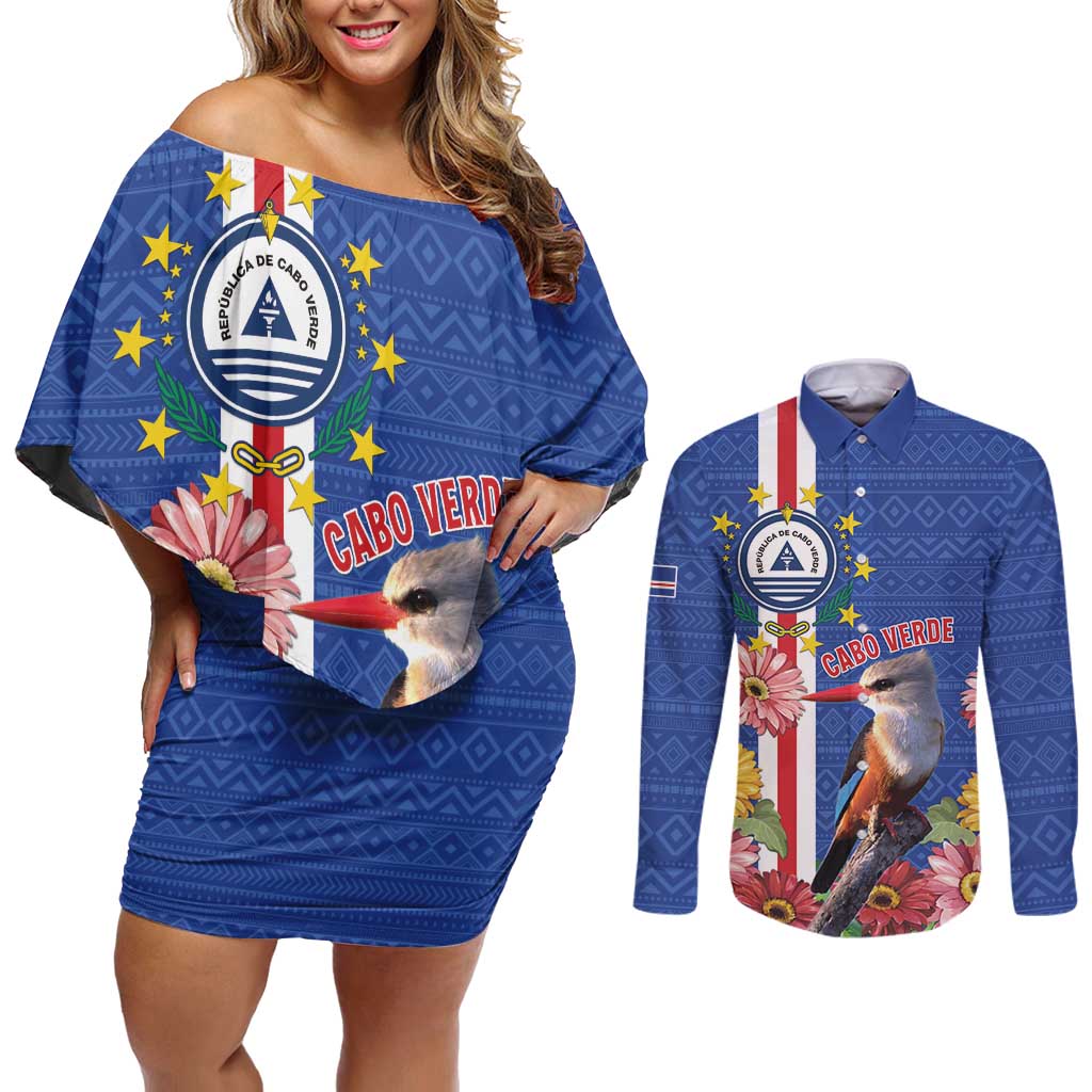 Personalised Cape Verde Couples Matching Off Shoulder Short Dress and Long Sleeve Button Shirt Grey-Headed Kingfisher Mix Gerbera Daisy
