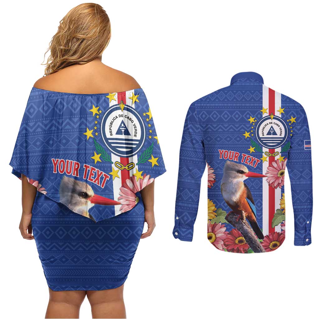 Personalised Cape Verde Couples Matching Off Shoulder Short Dress and Long Sleeve Button Shirt Grey-Headed Kingfisher Mix Gerbera Daisy