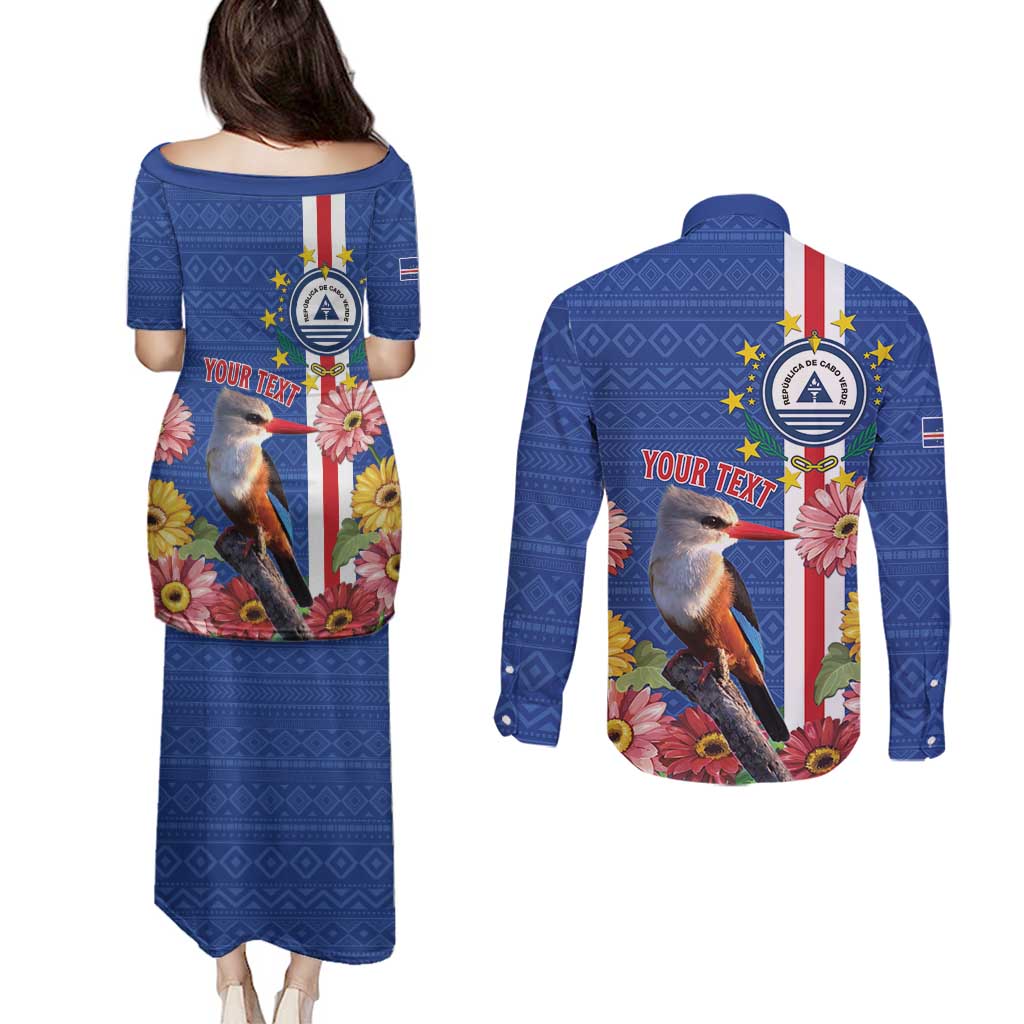 Personalised Cape Verde Couples Matching Puletasi and Long Sleeve Button Shirt Grey-Headed Kingfisher Mix Gerbera Daisy
