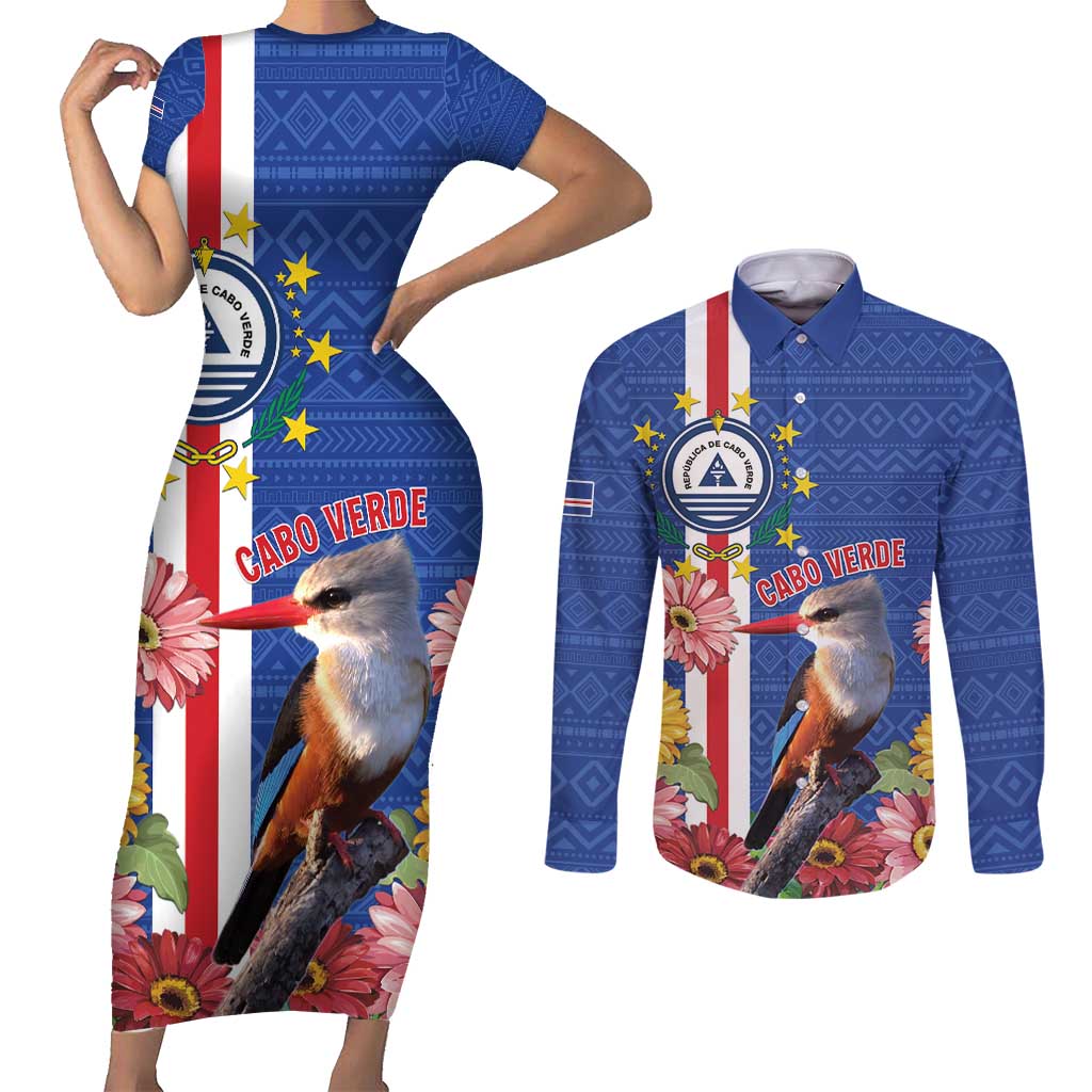 Personalised Cape Verde Couples Matching Short Sleeve Bodycon Dress and Long Sleeve Button Shirt Grey-Headed Kingfisher Mix Gerbera Daisy