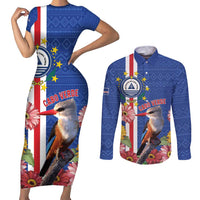 Personalised Cape Verde Couples Matching Short Sleeve Bodycon Dress and Long Sleeve Button Shirt Grey-Headed Kingfisher Mix Gerbera Daisy