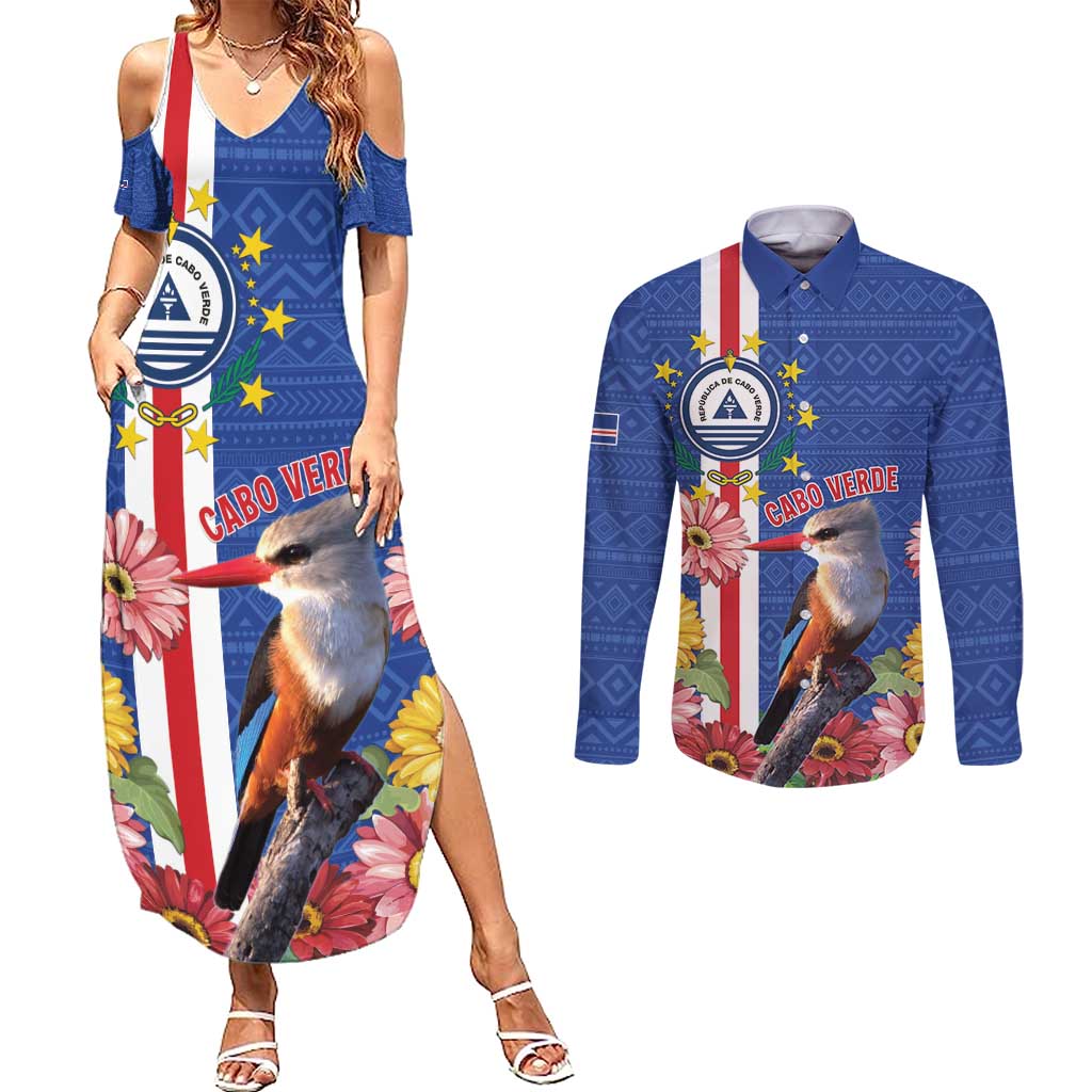 Personalised Cape Verde Couples Matching Summer Maxi Dress and Long Sleeve Button Shirt Grey-Headed Kingfisher Mix Gerbera Daisy