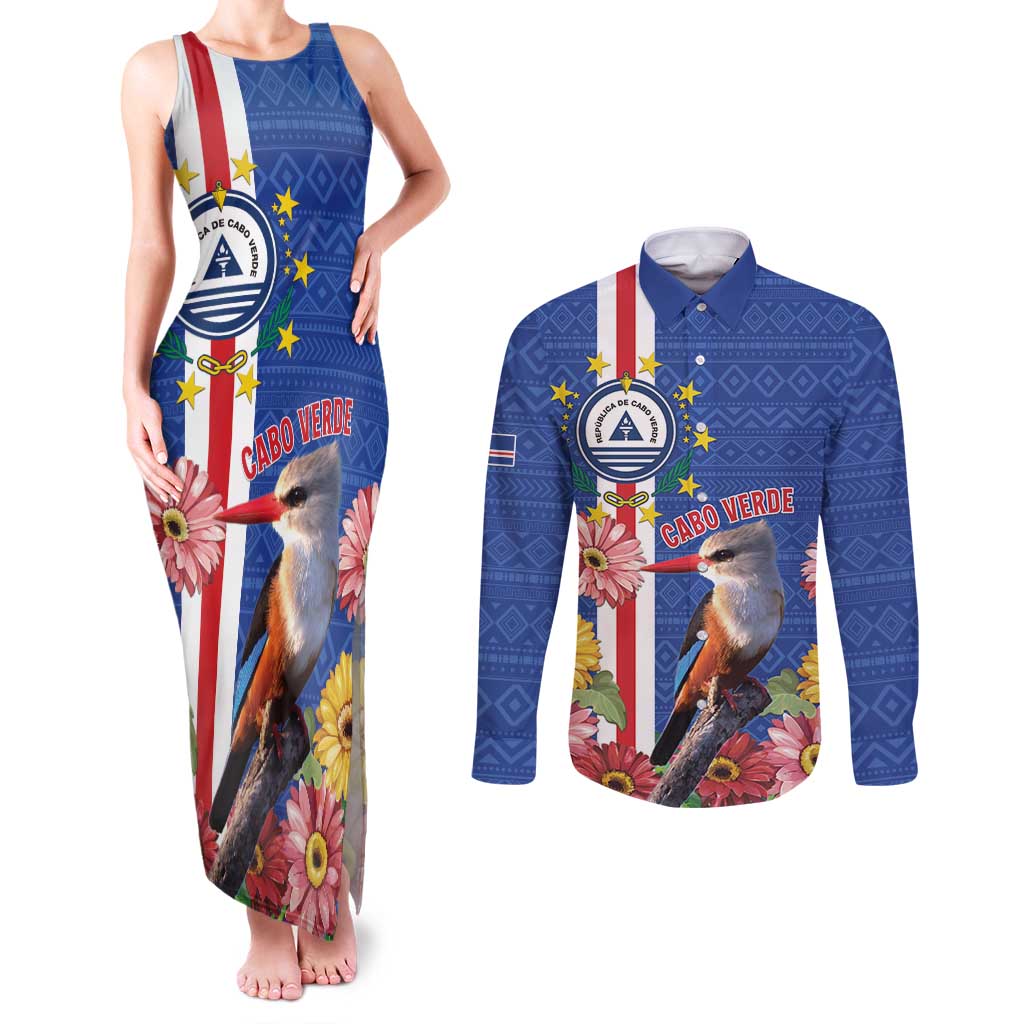 Personalised Cape Verde Couples Matching Tank Maxi Dress and Long Sleeve Button Shirt Grey-Headed Kingfisher Mix Gerbera Daisy