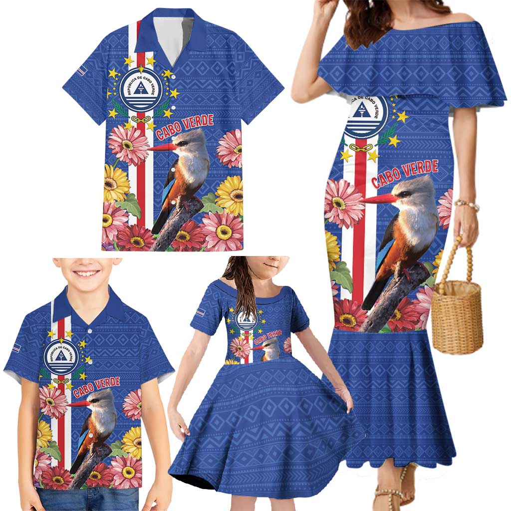 Personalised Cape Verde Family Matching Mermaid Dress and Hawaiian Shirt Grey-Headed Kingfisher Mix Gerbera Daisy