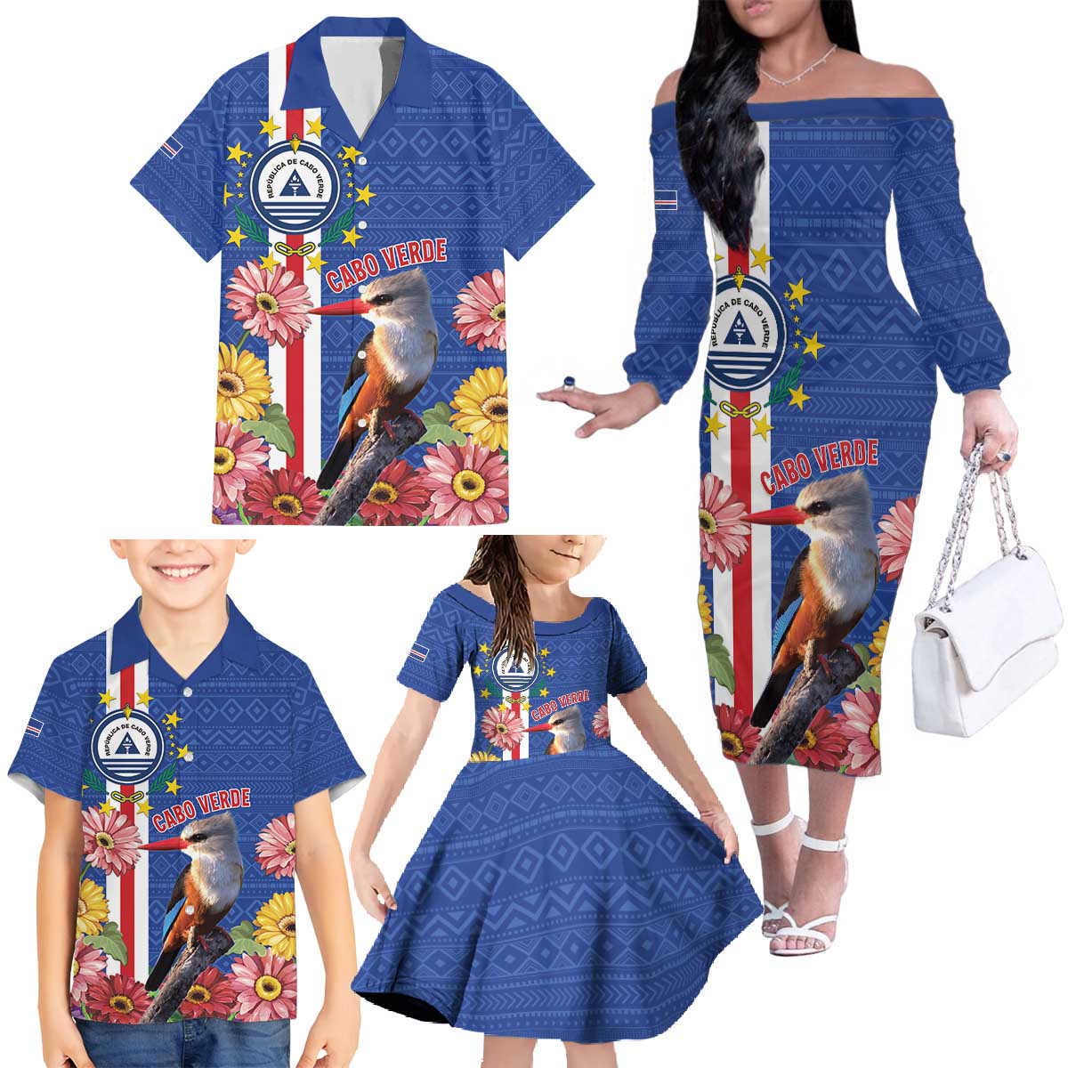 Personalised Cape Verde Family Matching Off The Shoulder Long Sleeve Dress and Hawaiian Shirt Grey-Headed Kingfisher Mix Gerbera Daisy