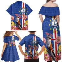 Personalised Cape Verde Family Matching Off Shoulder Maxi Dress and Hawaiian Shirt Grey-Headed Kingfisher Mix Gerbera Daisy