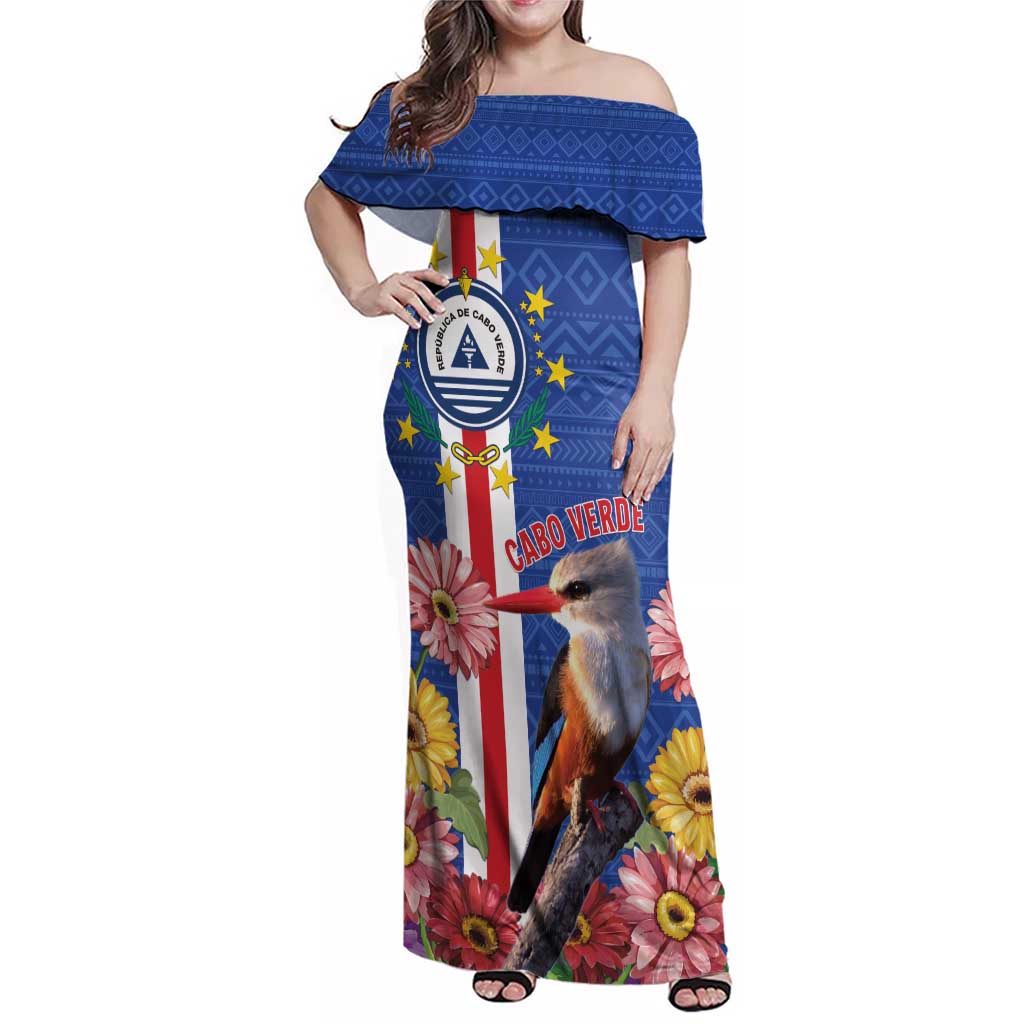 Personalised Cape Verde Family Matching Off Shoulder Maxi Dress and Hawaiian Shirt Grey-Headed Kingfisher Mix Gerbera Daisy