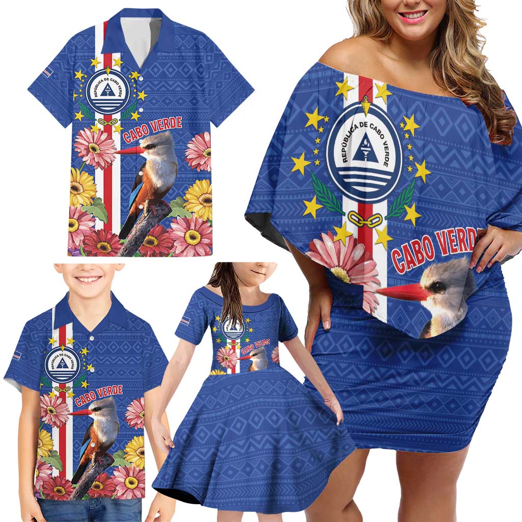 Personalised Cape Verde Family Matching Off Shoulder Short Dress and Hawaiian Shirt Grey-Headed Kingfisher Mix Gerbera Daisy
