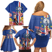 Personalised Cape Verde Family Matching Off Shoulder Short Dress and Hawaiian Shirt Grey-Headed Kingfisher Mix Gerbera Daisy