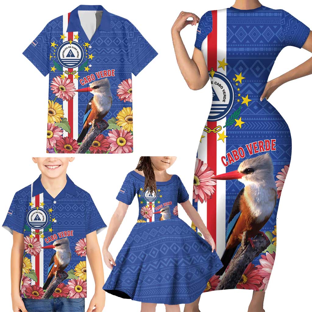 Personalised Cape Verde Family Matching Short Sleeve Bodycon Dress and Hawaiian Shirt Grey-Headed Kingfisher Mix Gerbera Daisy
