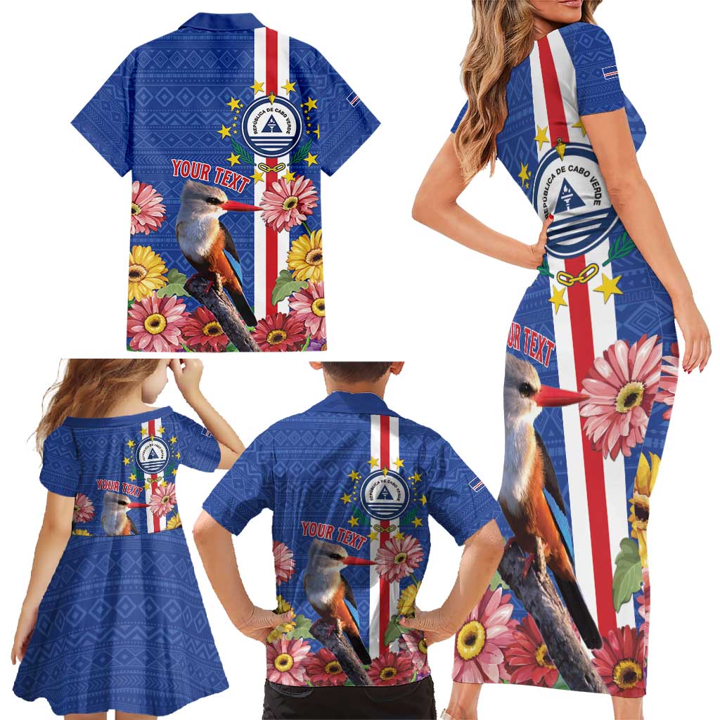 Personalised Cape Verde Family Matching Short Sleeve Bodycon Dress and Hawaiian Shirt Grey-Headed Kingfisher Mix Gerbera Daisy