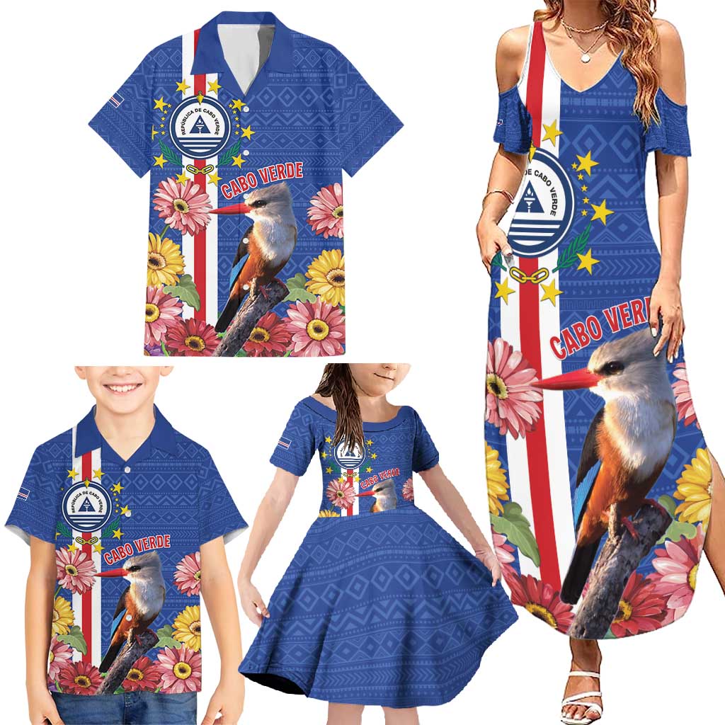 Personalised Cape Verde Family Matching Summer Maxi Dress and Hawaiian Shirt Grey-Headed Kingfisher Mix Gerbera Daisy