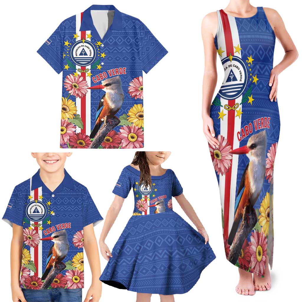 Personalised Cape Verde Family Matching Tank Maxi Dress and Hawaiian Shirt Grey-Headed Kingfisher Mix Gerbera Daisy
