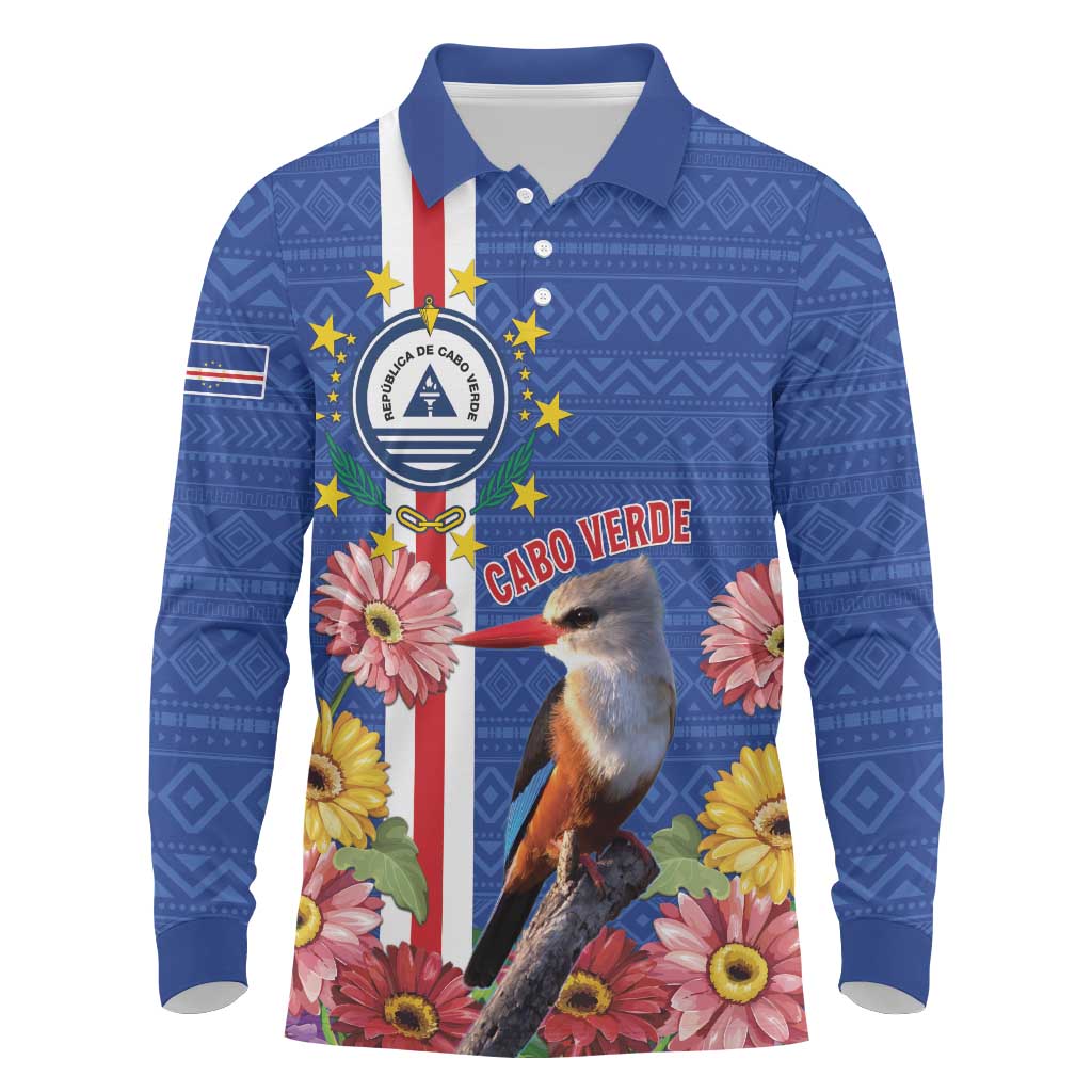 Personalised Cape Verde Long Sleeve Polo Shirt Grey-Headed Kingfisher Mix Gerbera Daisy
