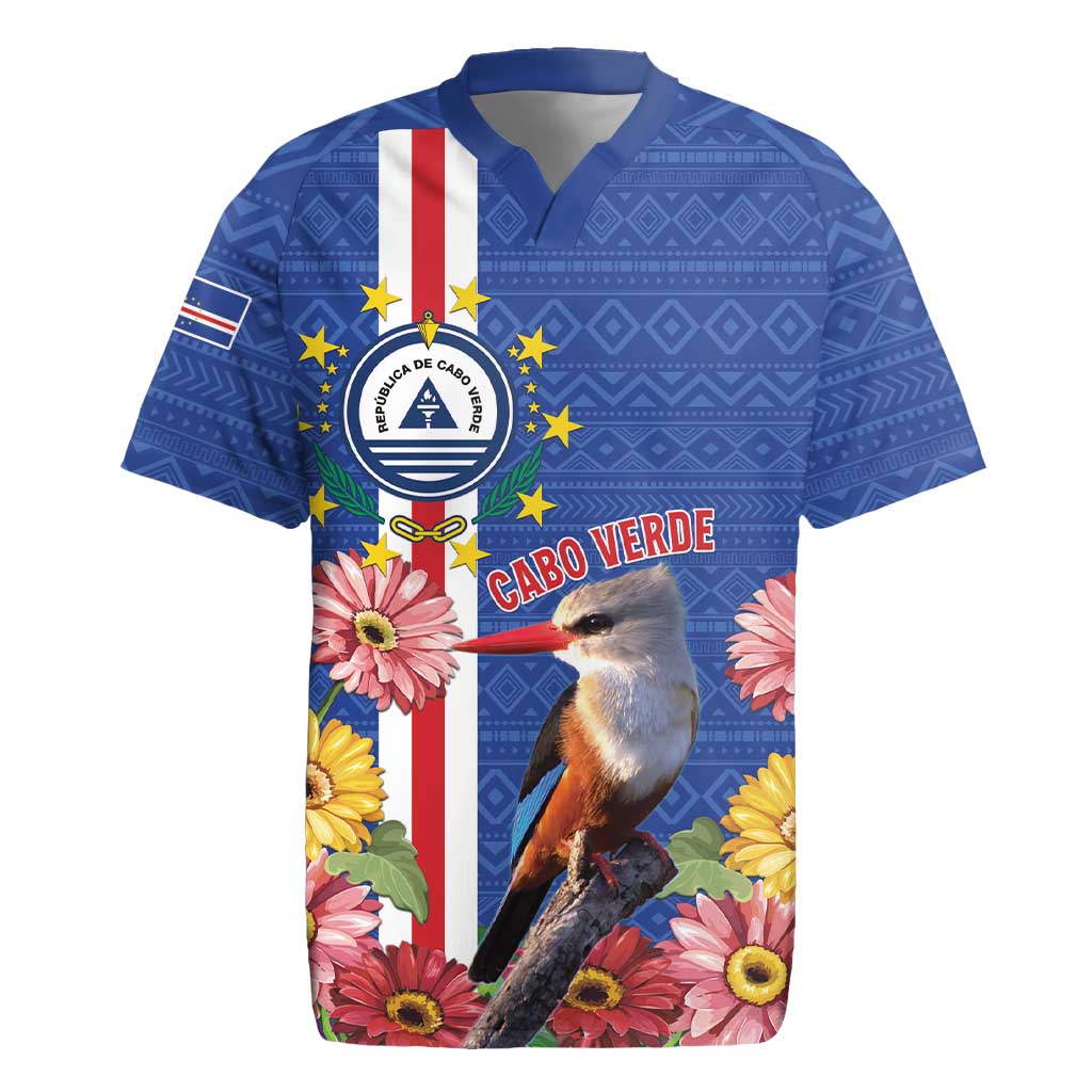 Personalised Cape Verde Rugby Jersey Grey-Headed Kingfisher Mix Gerbera Daisy