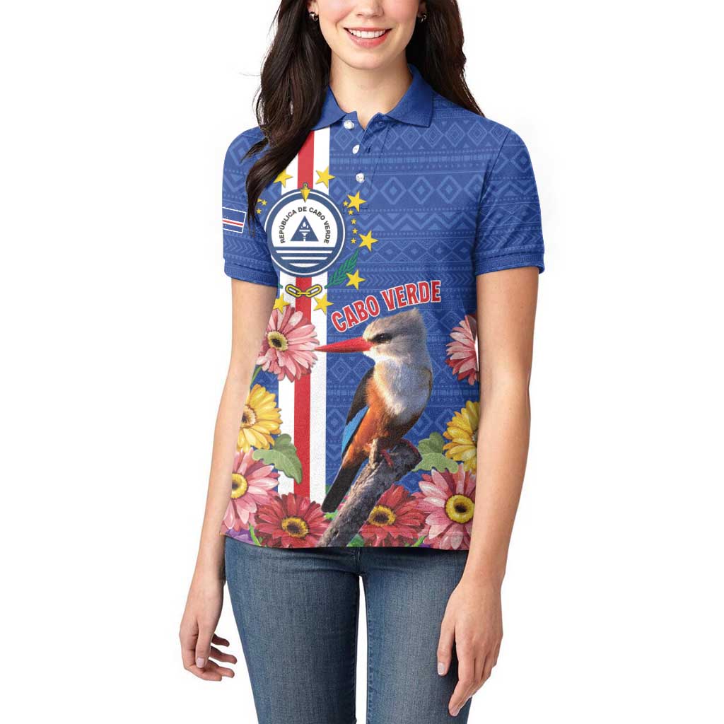 Personalised Cape Verde Women Polo Shirt Grey-Headed Kingfisher Mix Gerbera Daisy