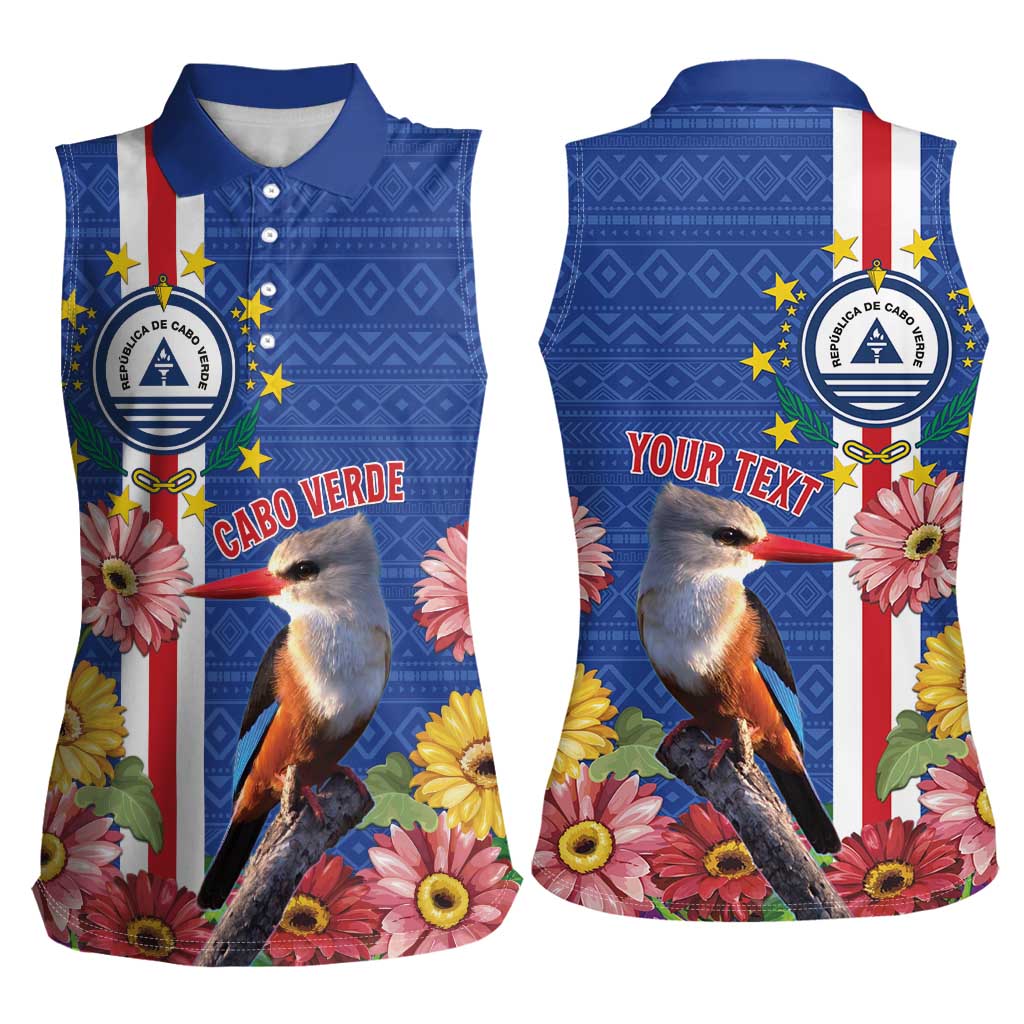 Personalised Cape Verde Women Sleeveless Polo Shirt Grey-Headed Kingfisher Mix Gerbera Daisy
