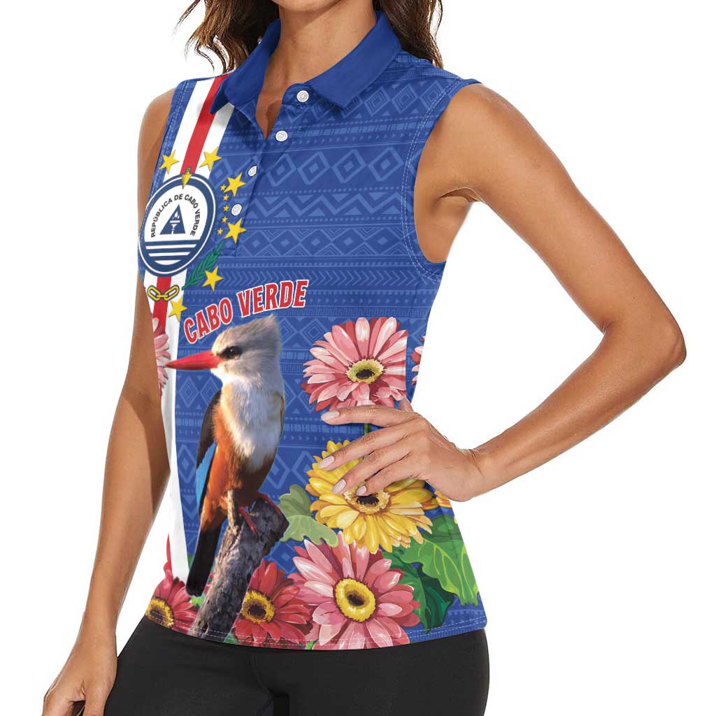 Personalised Cape Verde Women Sleeveless Polo Shirt Grey-Headed Kingfisher Mix Gerbera Daisy