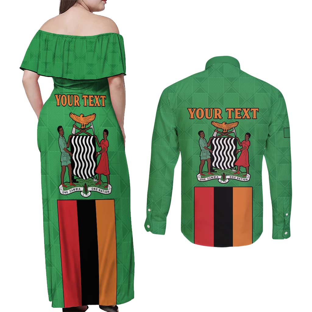 Personalised Zambia Couples Matching Off Shoulder Maxi Dress and Long Sleeve Button Shirt Flag Style Mix Kente Pattern