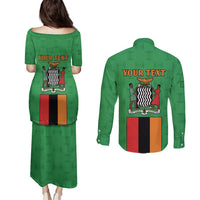 Personalised Zambia Couples Matching Puletasi and Long Sleeve Button Shirt Flag Style Mix Kente Pattern