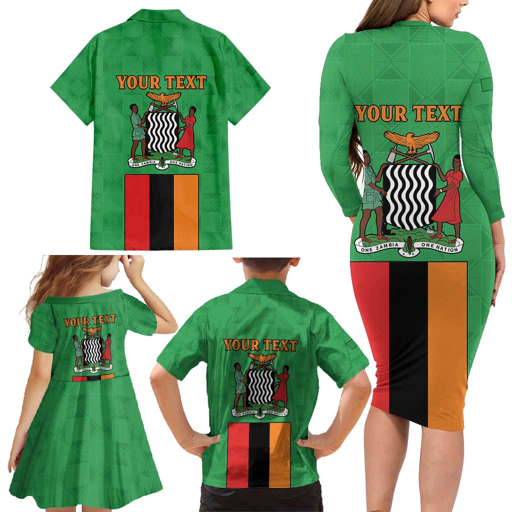 Personalised Zambia Family Matching Long Sleeve Bodycon Dress and Hawaiian Shirt Flag Style Mix Kente Pattern