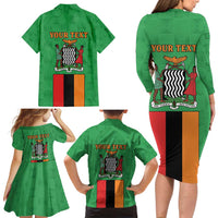 Personalised Zambia Family Matching Long Sleeve Bodycon Dress and Hawaiian Shirt Flag Style Mix Kente Pattern