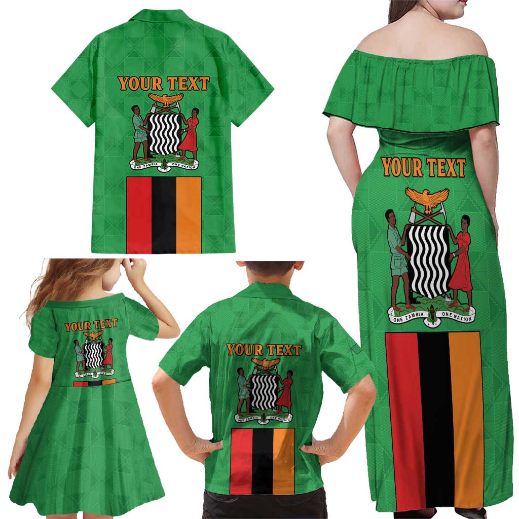 Personalised Zambia Family Matching Off Shoulder Maxi Dress and Hawaiian Shirt Flag Style Mix Kente Pattern