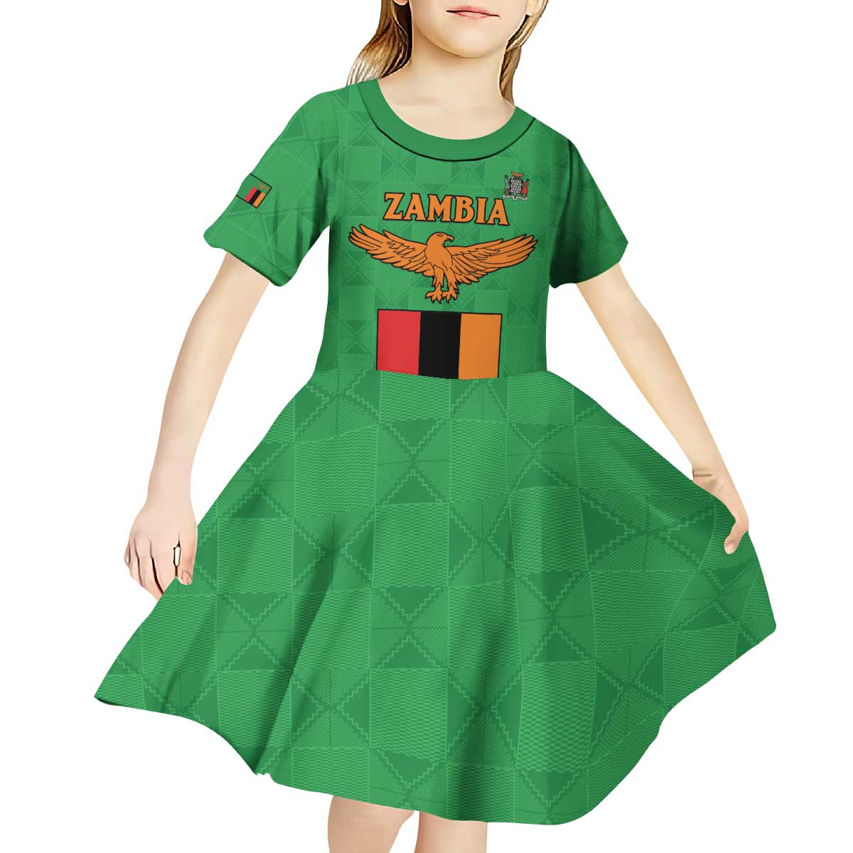 Personalised Zambia Kid Short Sleeve Dress Flag Style Mix Kente Pattern