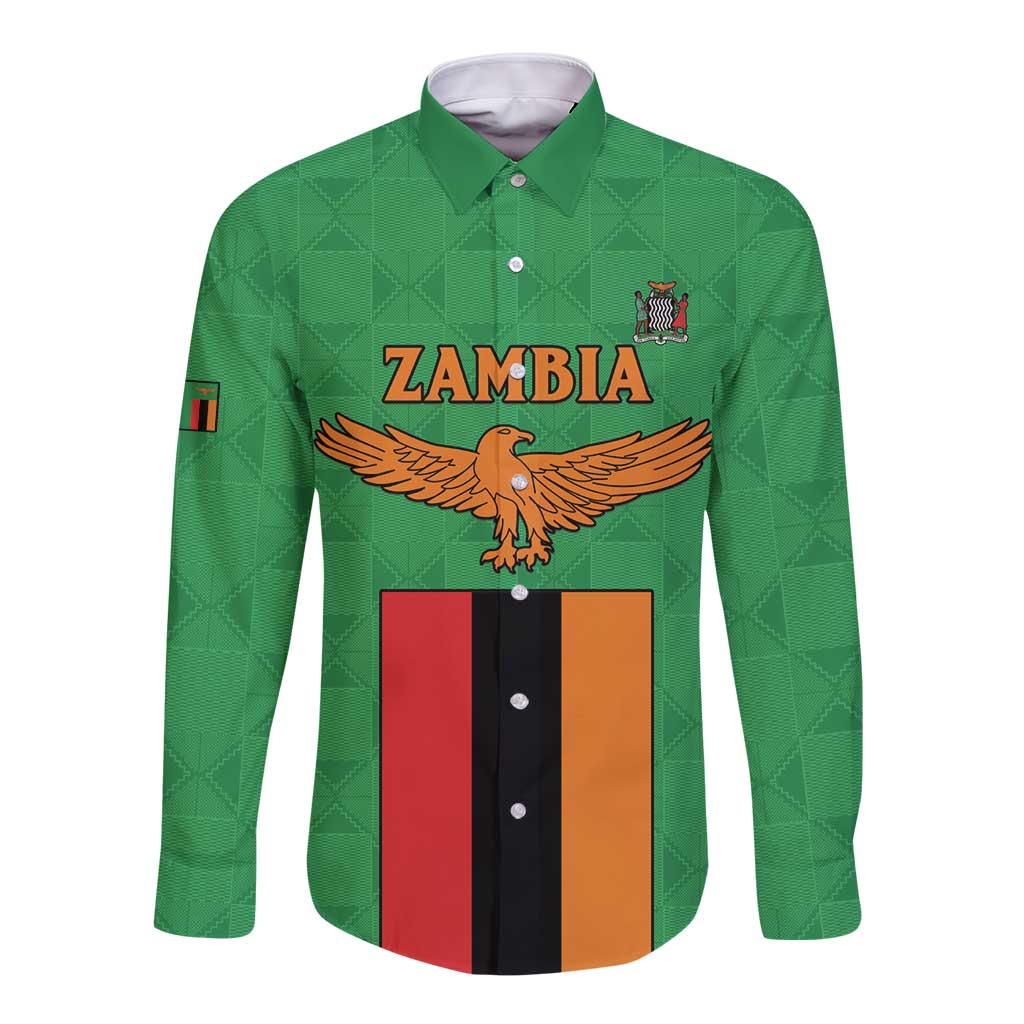 Personalised Zambia Long Sleeve Button Shirt Flag Style Mix Kente Pattern