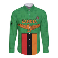 Personalised Zambia Long Sleeve Button Shirt Flag Style Mix Kente Pattern
