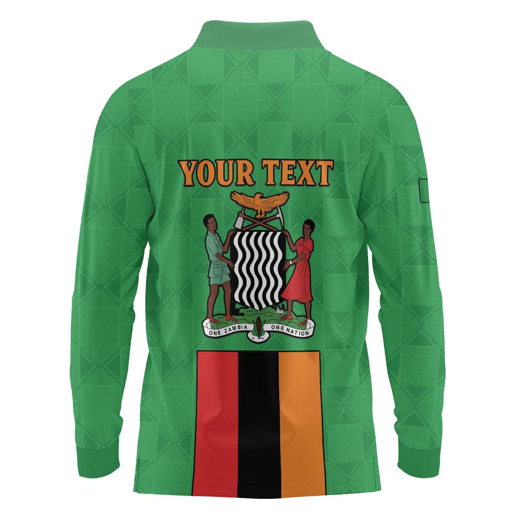 Personalised Zambia Long Sleeve Polo Shirt Flag Style Mix Kente Pattern