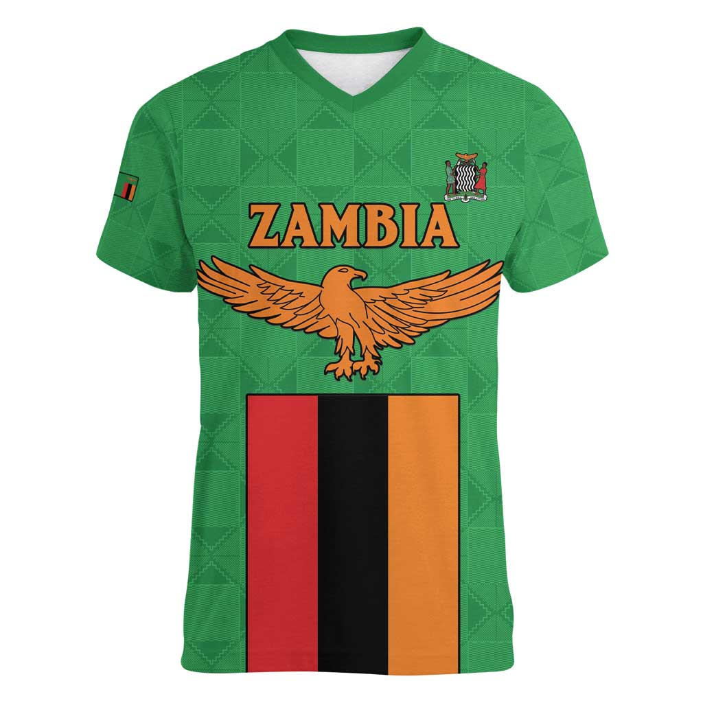 Personalised Zambia Women V-Neck T-Shirt Flag Style Mix Kente Pattern
