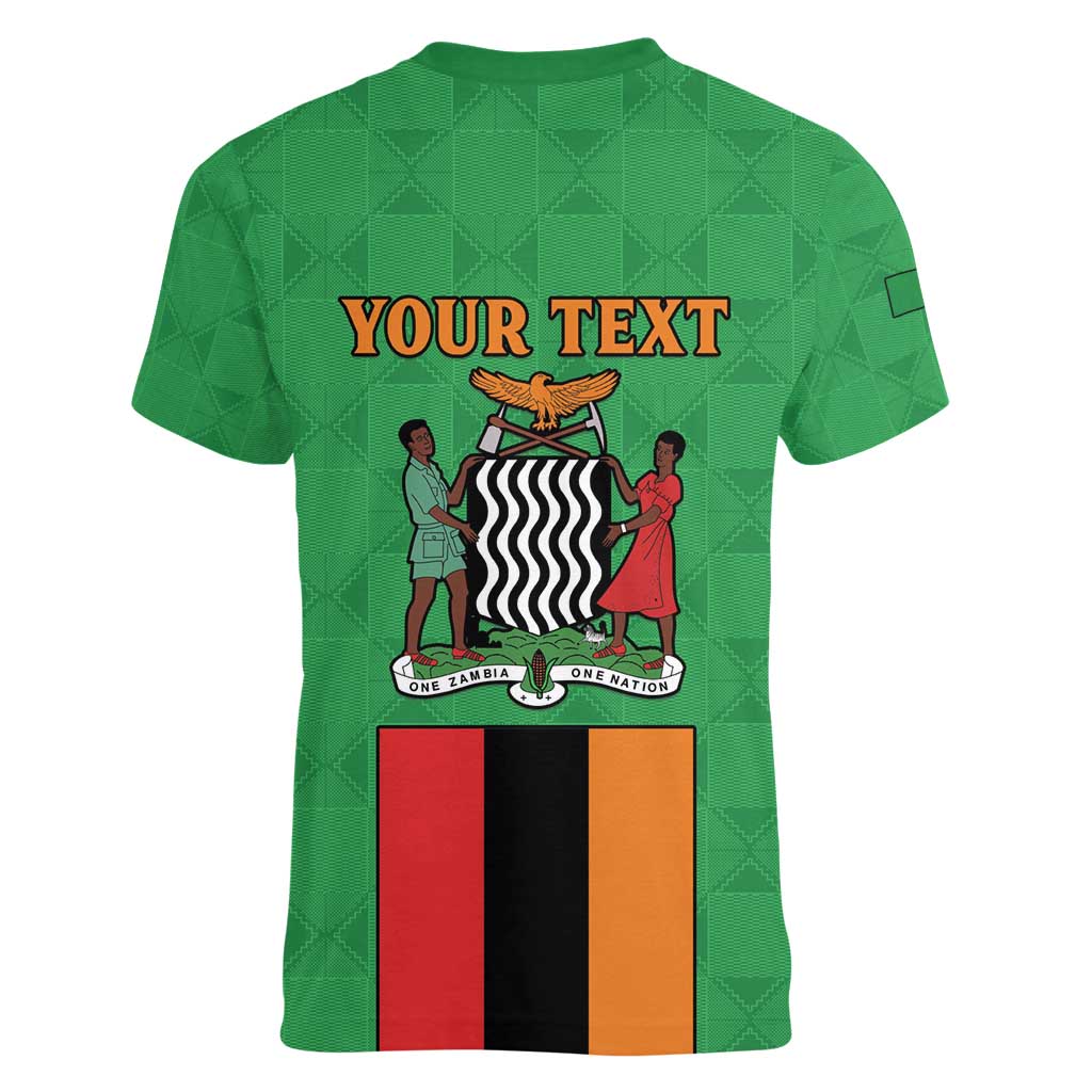 Personalised Zambia Women V-Neck T-Shirt Flag Style Mix Kente Pattern