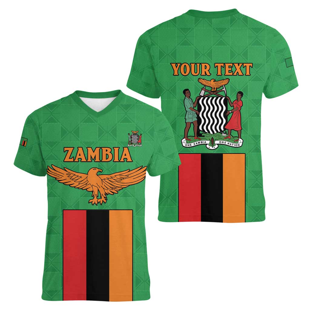 Personalised Zambia Women V-Neck T-Shirt Flag Style Mix Kente Pattern