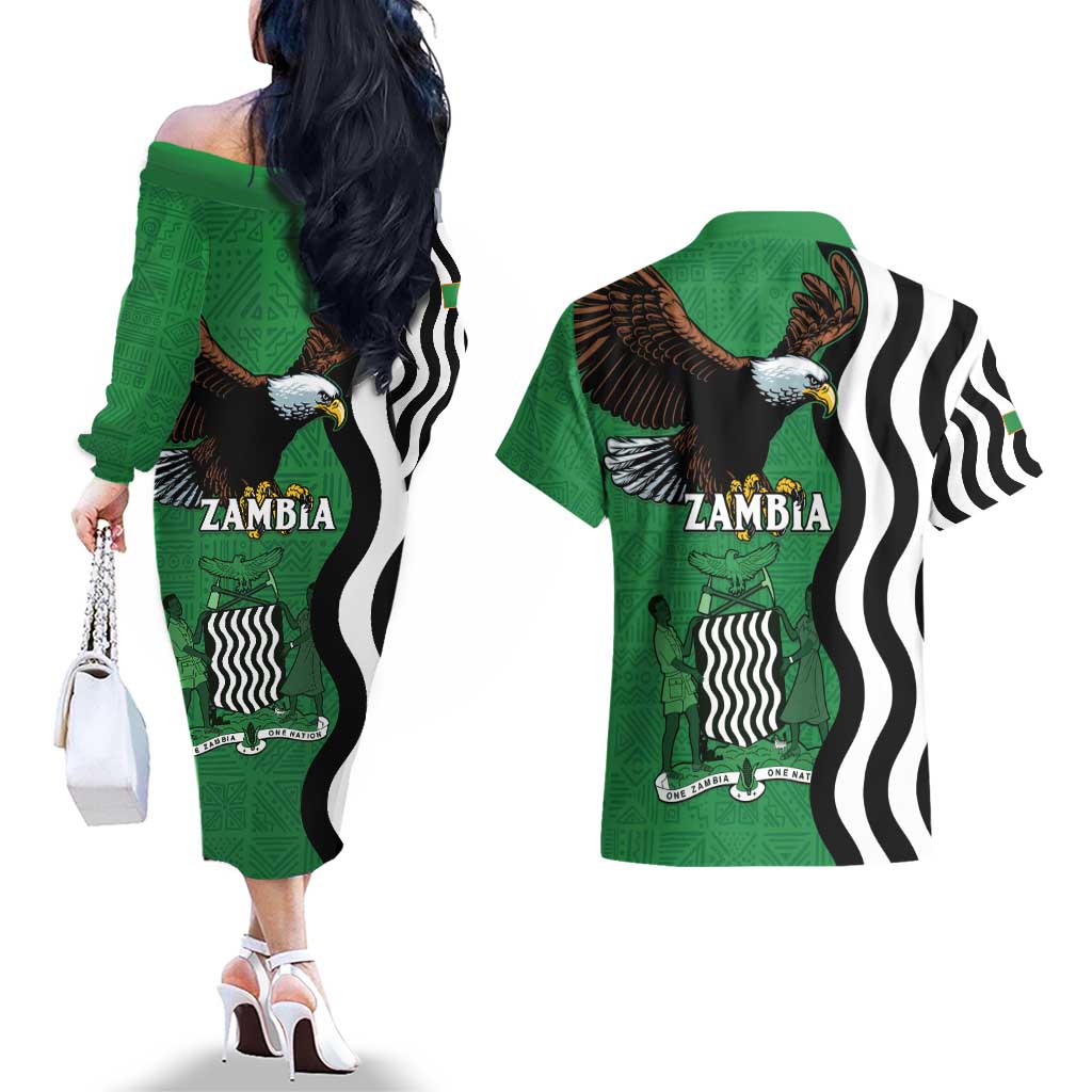 Zambia Couples Matching Off The Shoulder Long Sleeve Dress and Hawaiian Shirt One Zambia One Nation
