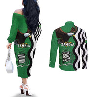 Zambia Couples Matching Off The Shoulder Long Sleeve Dress and Long Sleeve Button Shirt One Zambia One Nation