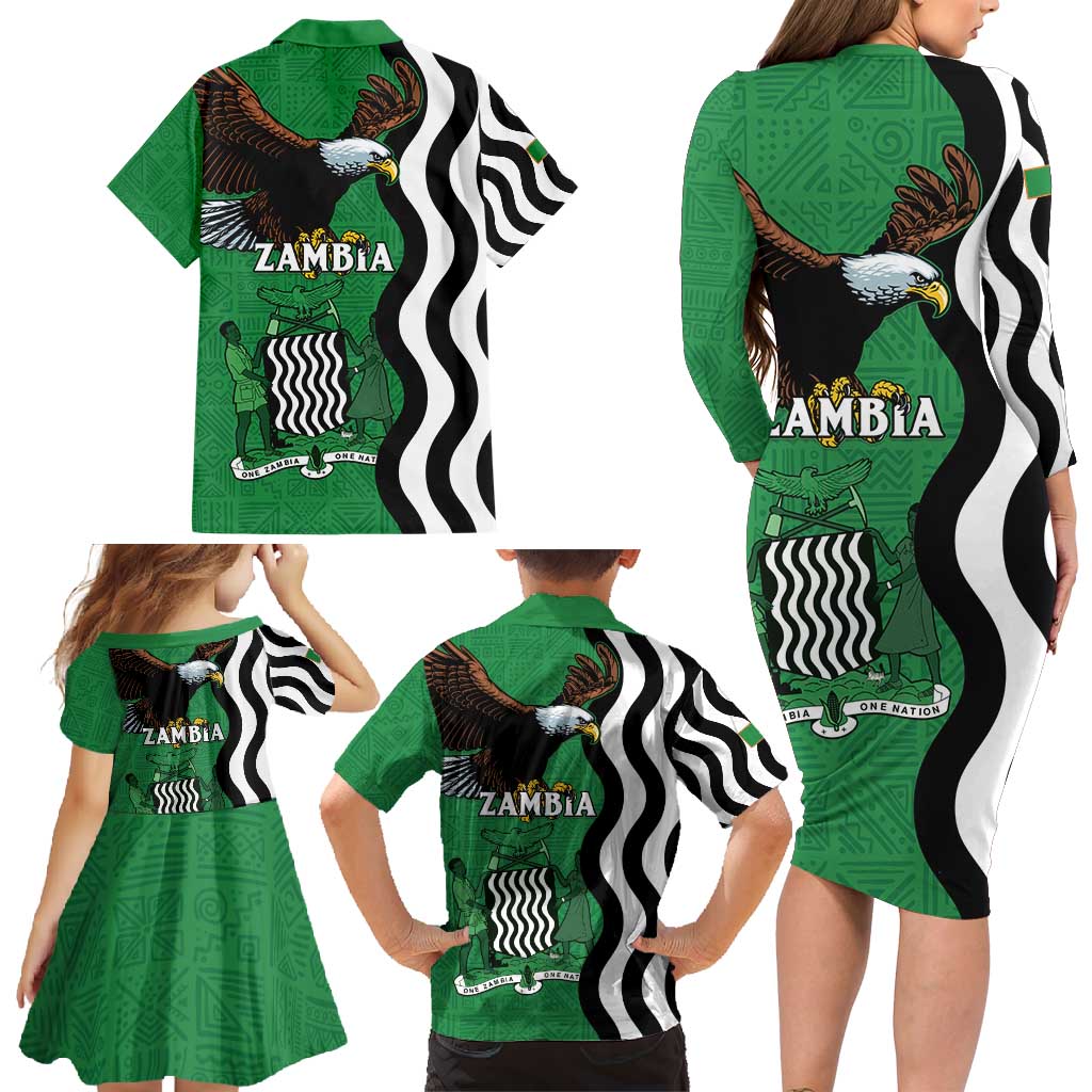 Zambia Family Matching Long Sleeve Bodycon Dress and Hawaiian Shirt One Zambia One Nation