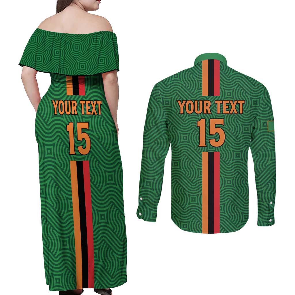 Custom Zambia Football Couples Matching Off Shoulder Maxi Dress and Long Sleeve Button Shirt Go Copper Bullets