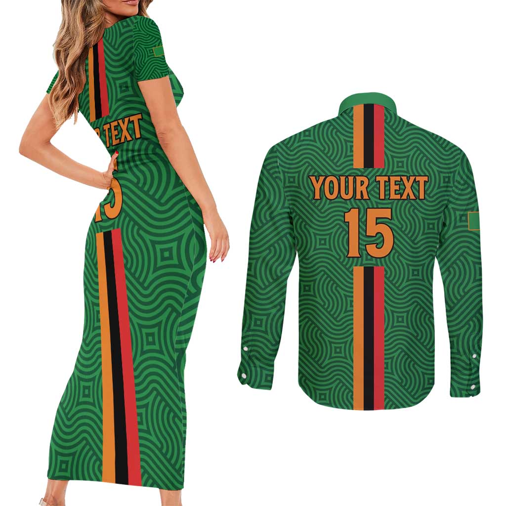 Custom Zambia Football Couples Matching Short Sleeve Bodycon Dress and Long Sleeve Button Shirt Go Copper Bullets
