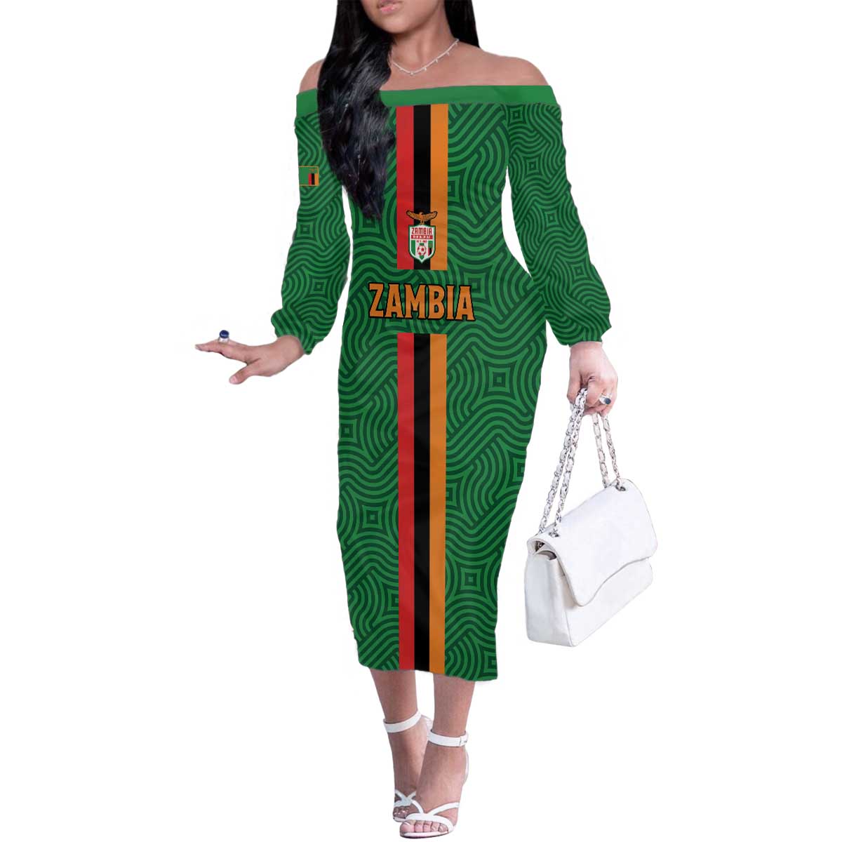 Custom Zambia Football Family Matching Off The Shoulder Long Sleeve Dress and Hawaiian Shirt Go Copper Bullets
