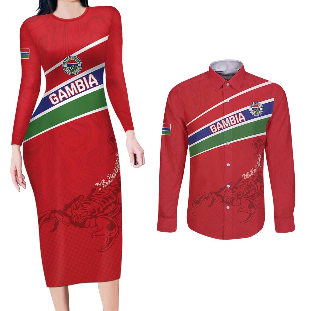 Custom Gambia Football Couples Matching Long Sleeve Bodycon Dress and Long Sleeve Button Shirt Go Scorpions Go