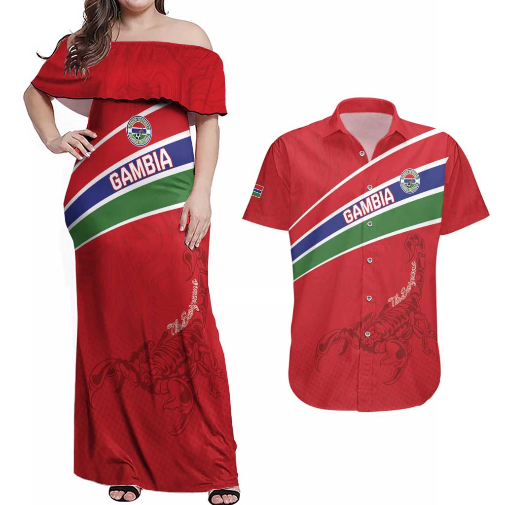 Custom Gambia Football Couples Matching Off Shoulder Maxi Dress and Hawaiian Shirt Go Scorpions Go